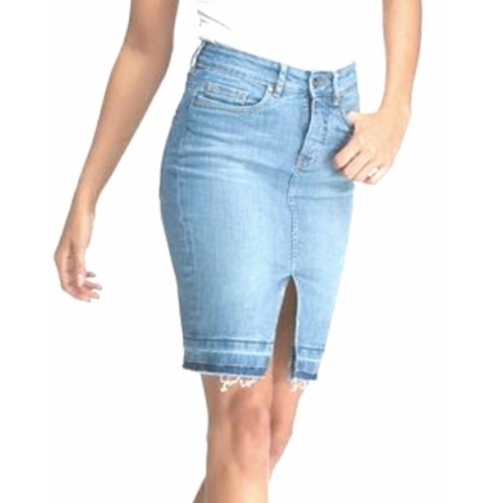 Vintage 90’s Faded Split Front Raw Hem Denim Jean Skirt Distressed Size 2